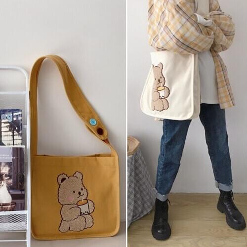 Winter Cute Bear Women Shoulder Bag Vintage Embroidery Ladies Shopping Bags Girls Student Book Handbags Casual Tote Shopping Bag