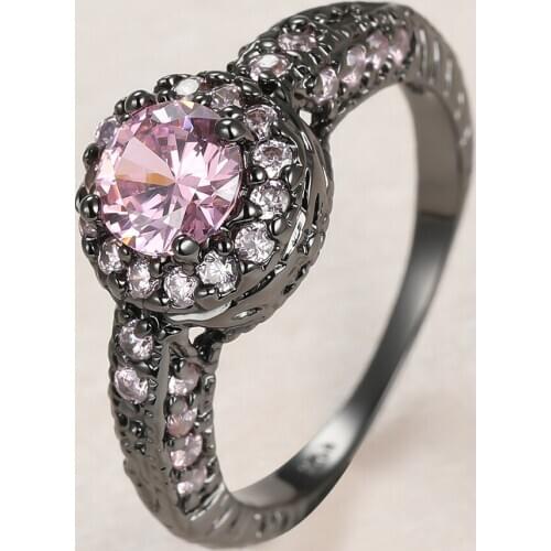 Punk Female Pink Crystal Stone Ring Charm 14KT Black Gold Wedding Rings For Women Dainty Bride Round Zircon Engagement Ring