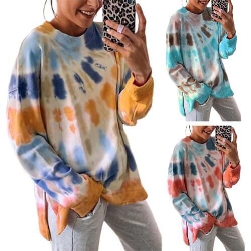 Women Fashion Long Sleeve Slit Hem Tie Dye Loose Leisure Pullover Sweatshirt Blouse Tops