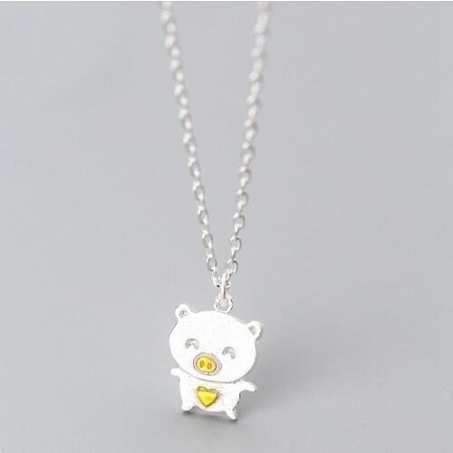 MloveAcc 100% Real 925 Sterling Silver Cute Pig Pendant Necklace for Women Girls Nice Animal Short Chain Necklace