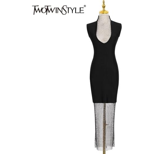 TWOTWINSTYLE Black Patchwork Diamond Grid Dress For Women Turtleneck Sleeveless High Waist Sexy Slim Dresses Female Fashion New