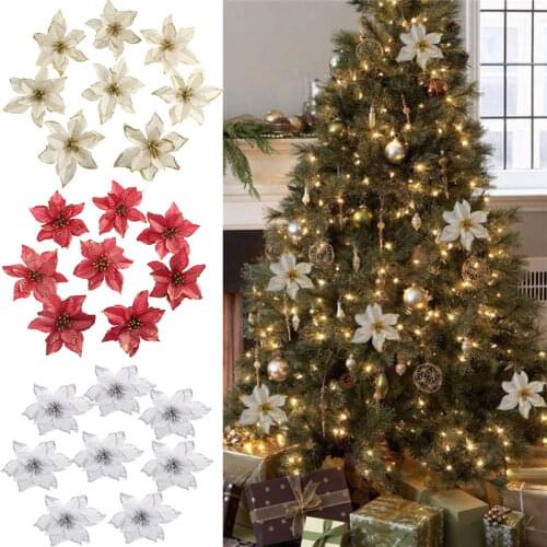 10Pcs 13 cm Big Flower Head Glitter Artificial Silk Flower Christmas Tree Ornament DIY Christmas Decoration 2021 New Year Gift