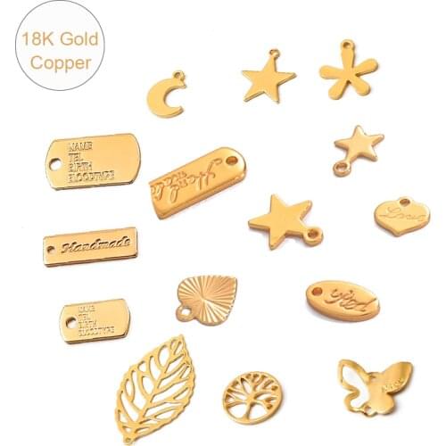 18K Gold Plated 2-5Pcs Rectangle Star Moon Small Tags Handmade Copper Pendant Making Fit DIY For Bracelet Necklace Heart Charms