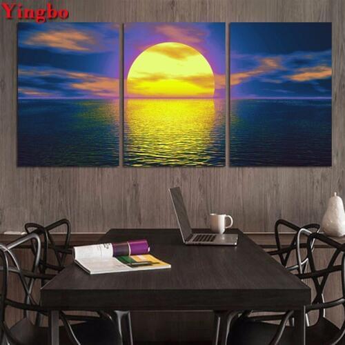 3 Panel Sea Full Moon Night View diy Diamond Painting Cross Stitch Pattern Diamond Embroidery,Home Decor ,Full Drill diamond art