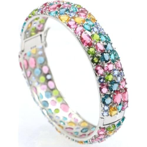 60x30mm New Statement Flowers Created London Blue Topaz CZ For Women Daily Wear Silver Cuff Bangle Bracelet 7.5" Eye Catching