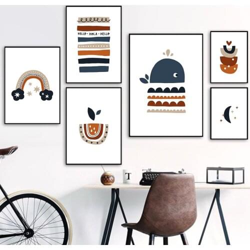 Abstract Cartoon Whale Rainbow Moon Hamburg Nordic Posters And Prints Wall Art Canvas Painting Wall Pictures For Kids Room Decor