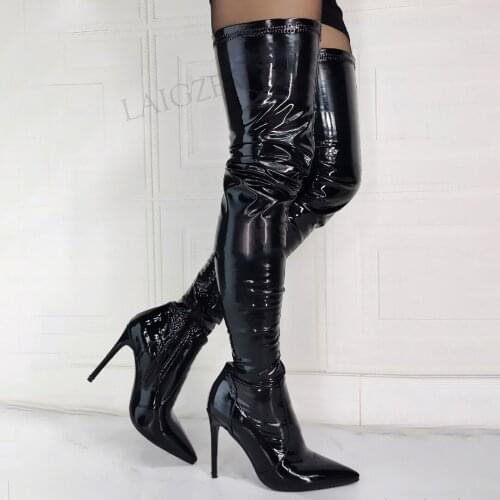 BERZIMER Women Thigh High Heels Boots Stretchy Side Zip Zapatos Party Black Botas Sexy Shiny Shoes Woman Big Size 40 42 44 47