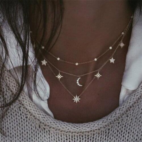 Boho Multilayer Shiny Crystal Stars Moon Bead Necklace Womens Vintage Layered Gold Necklace Fashion Jewelry Party Gift