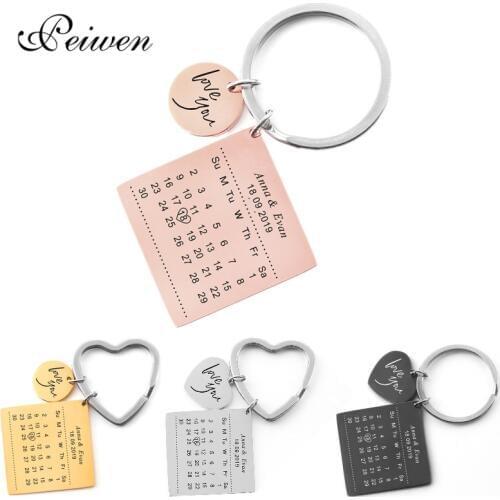 Personalized Calendar Keychain Hand Carved Calendar Highlighted with Heart Date Keyring Stainless Steel Private Custom Name Date