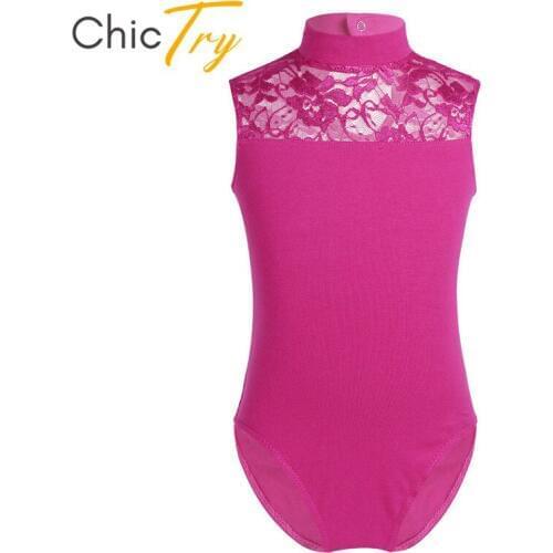 ChicTry Kids Teens Sleeveless Dancewear Turtle Neck Lace Gymnastics Leotard for Girls Ballet Dress Performance Dance Costume