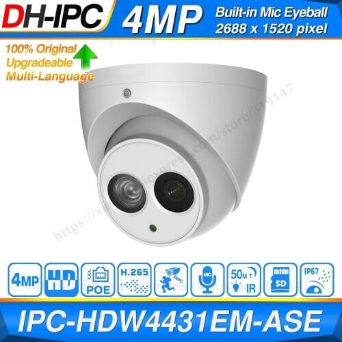 Dahua Original IPC-HDW4431EM-ASE 4MP HD POE Built in MiC SD Card Slot H.265 IP67 50M IR IVS Upgradeable Dome IP Camera