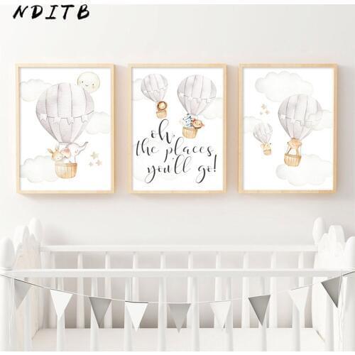 Baby Nursery Wall Art Canvas Print Child Poster Watercolor Woodland Animal Balloon Painting Nordic Kids Room Decoration Picture