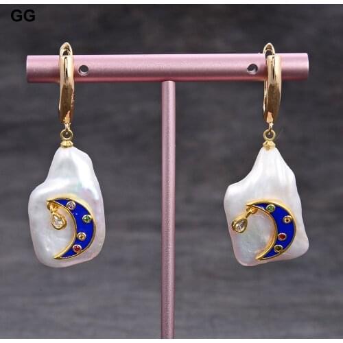 GG Jewelry Natural White Square Pearl Trimmed With Cz Pave Moon Insect Gold Plated Dangle Hook Earrings