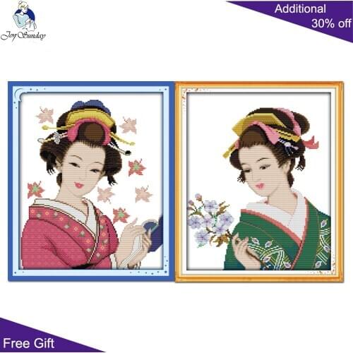 Joy Sunday Japanese Woman Needlecarfts R346 R347 14CT 11CT Counted and Stamped Home Decor Kimono Girl Japanese Cross Stitch Kits