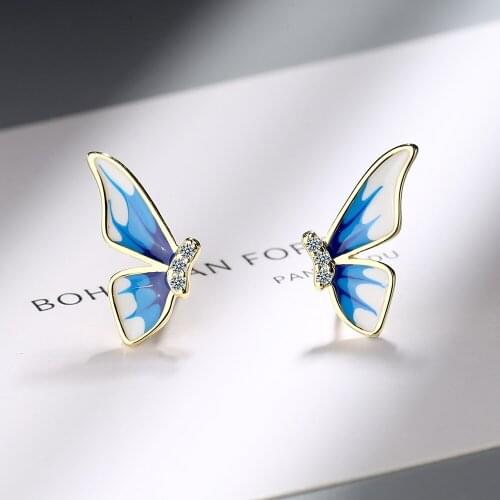 KISSLOVE Half of Butterfly Stud Earrings For Women Vintage Blue Enamel Metal Charming Earrings Party Jewelry