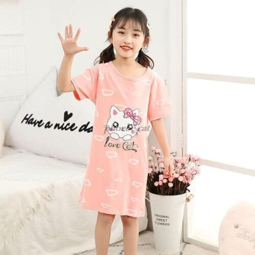 Summer Girls Night Dress Kids Pajamas Cotton Girls Nightgowns Short Sleeves Children Sleepwear Cartoon Love Cat Teenages Clothes