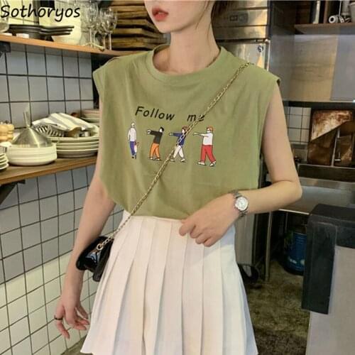 Tanks Women Lovely Letter Cartoon Printed Tops Korean Style Streetwear Chic Fashion All-match Harajuku Loose Leisure Simple Cozy