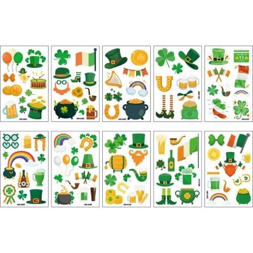 Sticker 10 Sheets Irish Carnival Party Tattoo Stickers St Patricks Day Waterproof Shamrock Clover Sticker Temporary Tattoo Set#E
