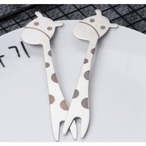 Stainless Steel 2 Tines Giraffe Fork Dessert Cake Fruit Salad Cutlery Flatware Love Heart Handle Home Kitchen Accessory