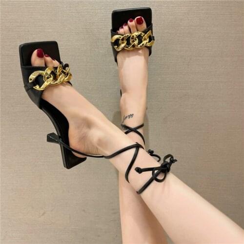 New Fashion Sexy Lace Up Women Sandals Square Toe Thin Heel Cross Tied Party Shoes Sandalias Femenina