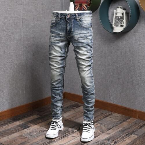 Newly Designer Fashion Men Jeans Retro Blue Elastic Slim Fit Casual Ripped Cotton Denim Pants Italian Style Vintage Trousers