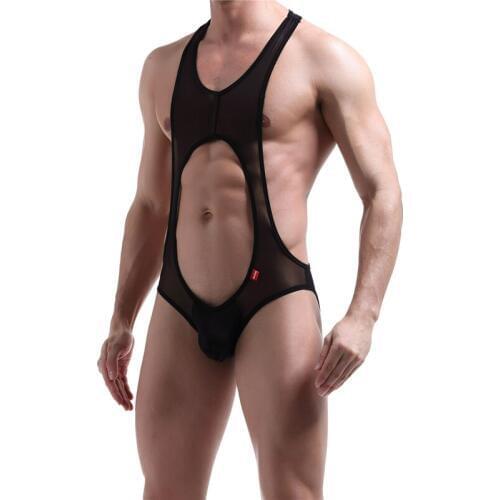 Hollow Out Men Undershirt Sexy Bodysuit Transparent U-convex Underwear Comfortable Wrestling Singlets Erotic Open Butt Briefs