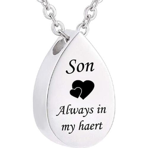 Carved Teardrop Keepsake Ashes Necklace for mom,dad,Always in my heart Urn Pendant Stainless Steel Cremation Memorial Jewelry