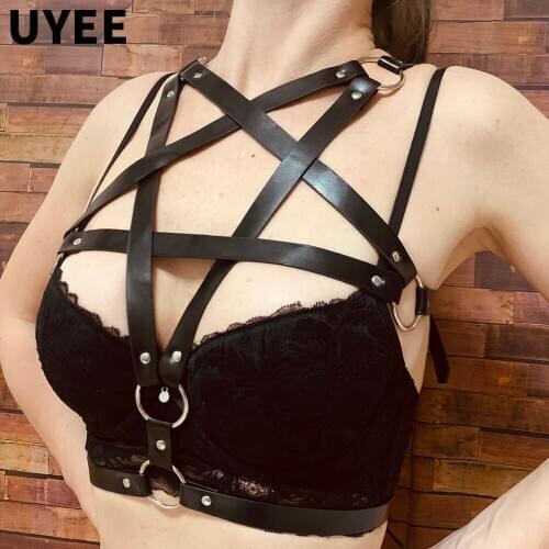 UYEE Gothic Pentagonal Chest Harness Fashion Women Belt PU Leather Suspenders Party Nightclub Lingerie Sexy Body Bondage Garter
