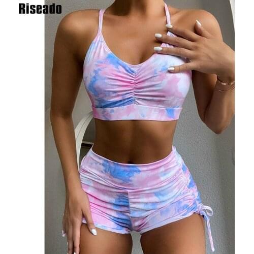 Riseado Sexy Bikini Set Tie Dye High Waist Swimsuits Push Up Swimwear Women 2021 Ruched Drawstring Bathing Suits Boyleg Biquini