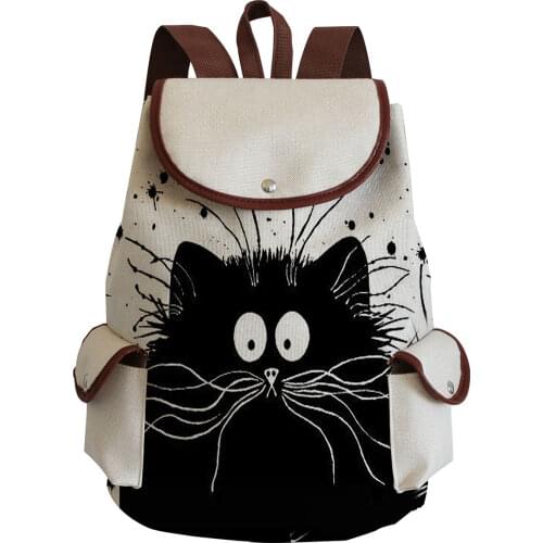 Cartoon Black Cat Printed School Bag Eco Friendly Book Bag Large Capacity Drawstring Backpack Portable Book Bag Cute Womens Bag