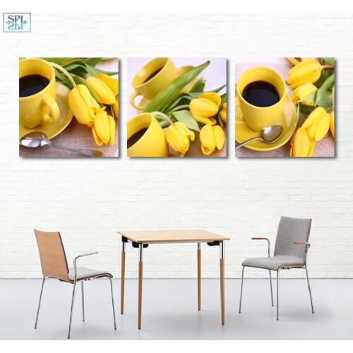 SPLSPL Yellow Tulip Wall Art Canvas Painting Coffee Flower Picture Print on Canvas Home Decor Poster for Kitchen Room No Frame