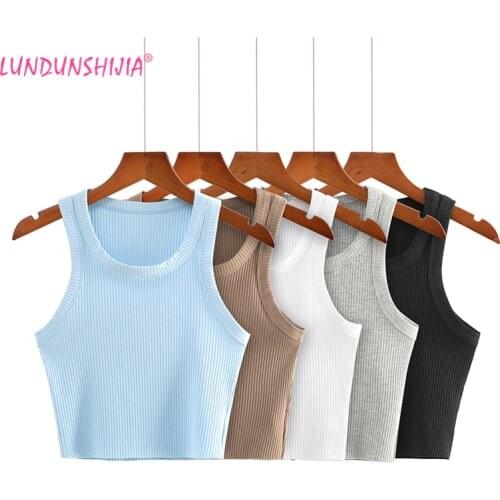 LUNDUNSHIJIA 2021 Summer Womens Party Cotton Crop Tops Sexy Elastic Solid Sleeveless O-Neck Short Tank Top Bar 5 Colors