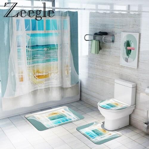 Bath Curtain Waterproof Shower Curtain Bathroom Doormat Anti-slip Toilet Cover Seat Mat Absorbent Toilet Pedestal Rug Foot Mat