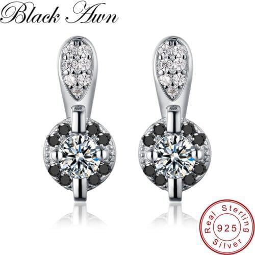 [BLACK AWN] Genuine 925 Sterling Silver Earrings Trendy Black Spinel Stud Earrings for Women Female Silver 925 Jewelry T030