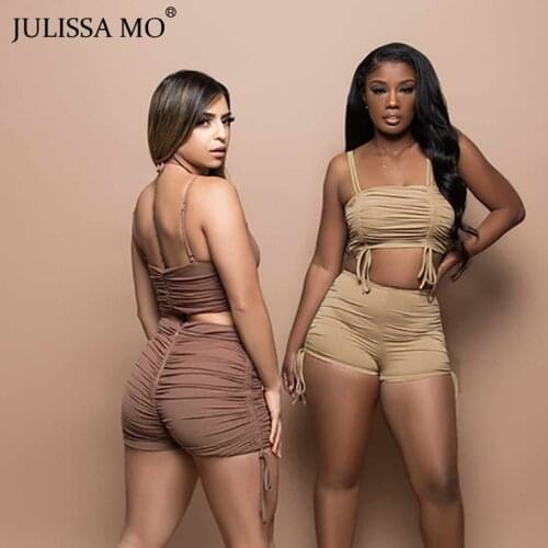 JULISSA MO Solid Sleeveless Two Piece Set for Women Summer Drawstring Ruched Crop Tops Shorts Set Female Sexy Outfits Streetwear