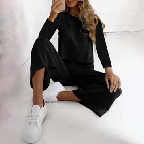 1 Set Two-Piece Top Pant Set Solid Color Wide Leg Office Lady Round Neck Blouse Elastic Waist Trousers Streetwear for Daily Wear