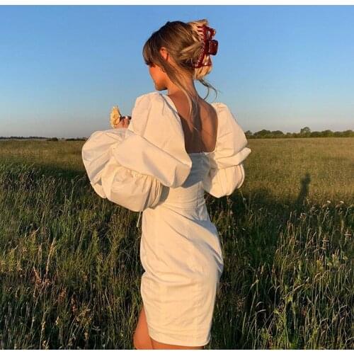 Sexy Mini Dress Women Flare Long Sleeve White Vestido 2021 Korean Fashion Party Club Backless Elegant Sheath Dresses Ins Bodycon