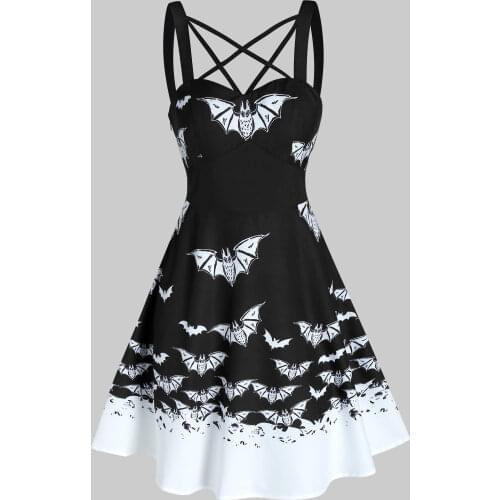 Plus Size 3XL Sun And Moon Print Crisscross Flare Dress Gothic Casual Spaghetti Strap Fashion Dress Vestidos Summer 2021