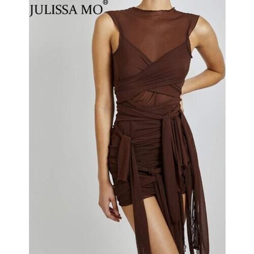 Julissa Mo Mesh See Through Sexy Dress For Women 2020 Sleeveless Drawstring Mini Dresses Solid Bodycon Clubwear Female Vestidos