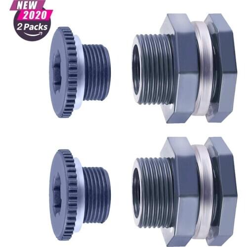 2 Pack PVC Bulkhead Fitting with Plugs for Rain Barrels, Water Tanks, Tub, Pools (3/4 Inch with 4 mm Thick Silicon Seal Gaskett)