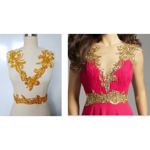 A87 Free shipping hand made crystals trim patches golden sew on Rhinestones applique 36*36cm fortop dress accessory