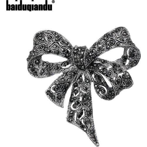 Baiduqiandu Brand Black Color Rhinestone Bow Brooches for Women Large Bowknot Brooch Pin Vintage Fashion Jewelry