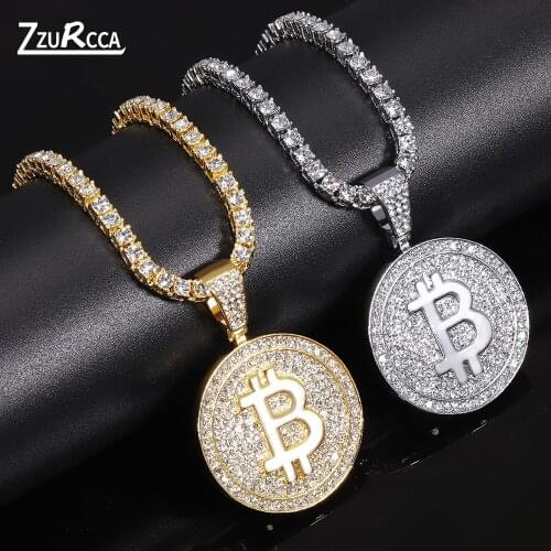 Bitcoin Iced Out Pendant Necklace With 4mm Zicron Tennis Chain Men Necklace Rhinestone Cuban Neck Chain for Men bijoux femme