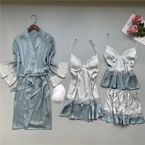 FZSLCYIYI Spring Satin Rayon Women Robe 4/2/1 Pieces Pajamas Sets Sling Sexy Lace Sleepwear Autumn Pyjama With Chest Pad