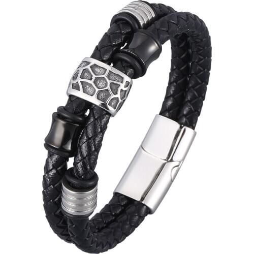 Geometrically Irregular Graphics Double Layers Stainless Steel Genuine Leather Bracelet Men Leather Bangle BB0943