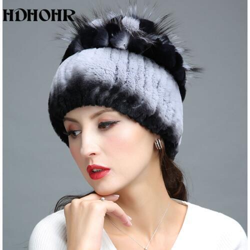 HDHOHR 2020 New Fur Hat Winter Women Genuine Rabbit Fur Hat With Silver Fox Fur Knitted Beanies Fashion Women Natural Fur Caps