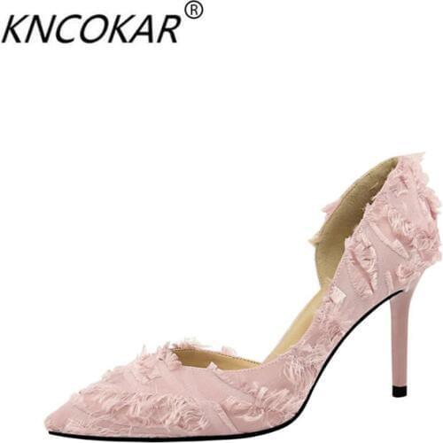 KNCOKAR 2018 Fashionable silks and satins are slim, high-heeled and light with sweet woolen slits on the pointed side