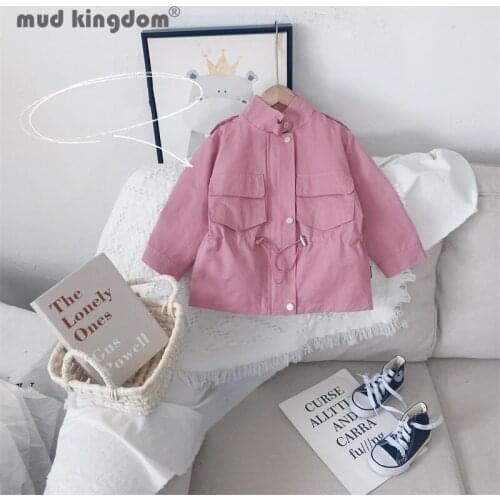Mudkingdom Girls Jacket Solid Long Sleeve Turn-down Collar Elastic Waist Button Tooling Outerwear Kids Clothes for Spring Autumn
