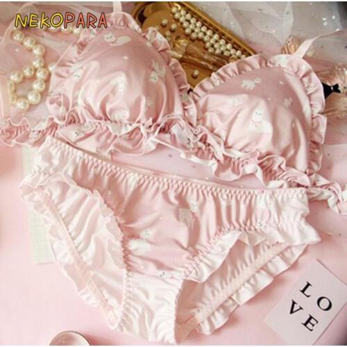 Alpaca Cute Japanese Bra & Panties Set Wirefree Soft Underwear Sleep Intimates Set Kawaii Lolita Color Pink