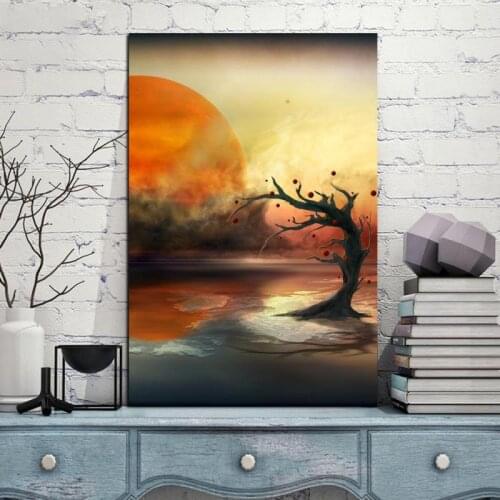 Modular Pictures Canvas Painting Poster Fog And Withered Trees Under The Setting Sun Home Decoration Prints For Bedroom Wall Art